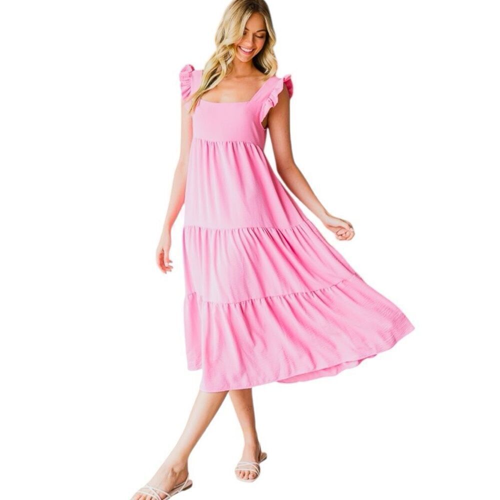 Pink Ruffled Sleeveless Tiered Midi Dress NWT | Reborn J